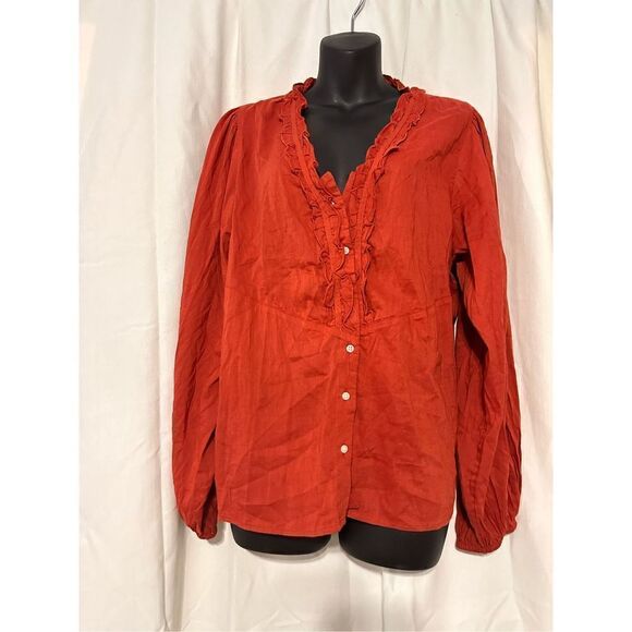 NEW WITH TAGS Old Navy Womens Blouse Ruffle Detail Button Up Long Sleeve Burnt O - Picture 1 of 6